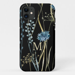 Monogramm Blumen Hellblau und Gold auf Schwarz Case-Mate iPhone Hülle