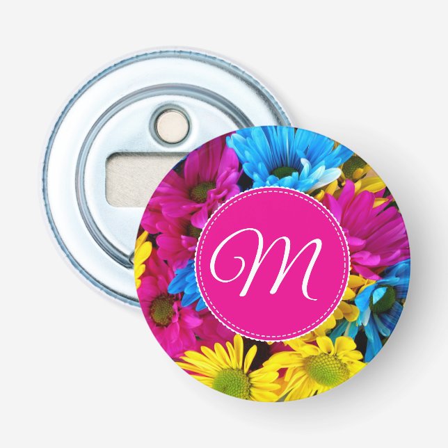 Monogramm-Blumen in Leuchtfarben Flaschenöffner (Vorderseite)