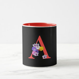 Monogramm Blumen Kursiv A Rot Innen Schwarz Tasse