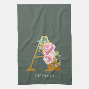 Monogramm Blumen Personalisierter Faux-Gold-Buchst Geschirrtuch