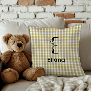 Monogramm-Blumen-Retro-Gingham Blau-Grau  Kissen