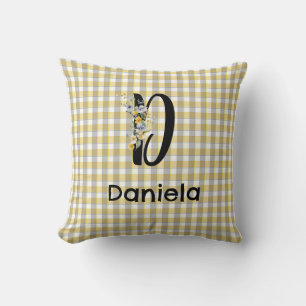 Monogramm-Blumen-Retro-Gingham Blau-Grau Kissen