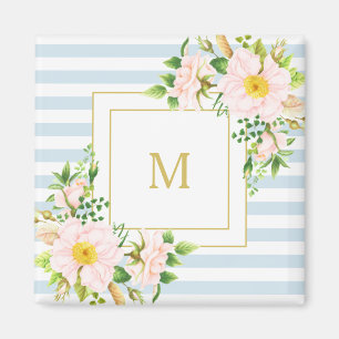 Monogramm Blumen Shabby Chic Pastell Blau Streifen Magnet
