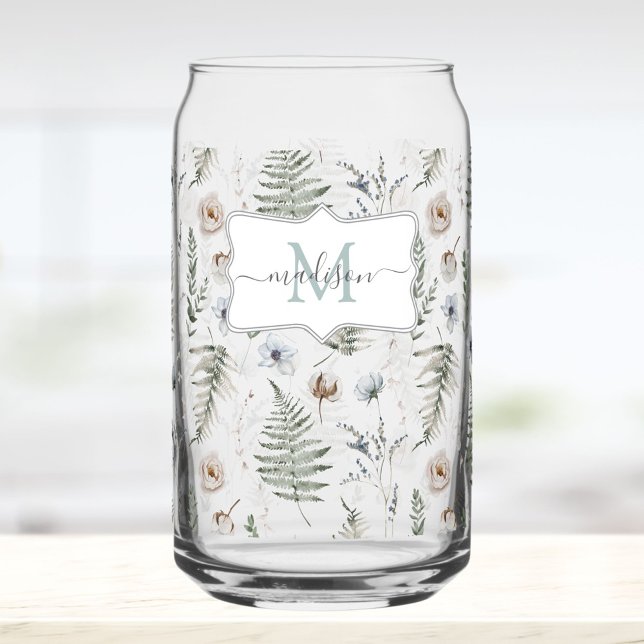 Monogramm-Blumen und Farnblätter Floral Botanisch Dosenglas (In situ)