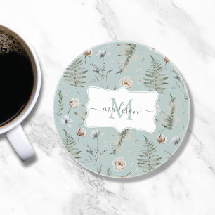 Monogramm Blumen und Farnblätter Floral Botanisch Getränkeuntersetzer