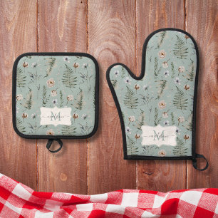 Monogramm-Blumen und Farnblätter Florale Botanik Ofenhandschuh & Topflappen-Set