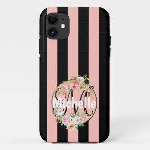 Monogramm-Blumen und schwarze rosa Streifen Muster Case-Mate iPhone Hülle