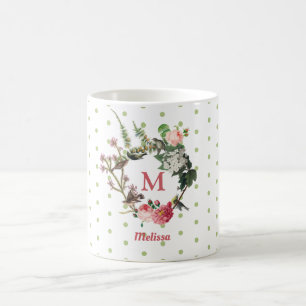Monogramm-Blumen- und Vogelkranz mit Polka-Dots im Kaffeetasse