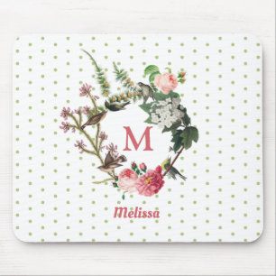 Monogramm-Blumen- und Vogelkranz mit Polka-Dots im Mousepad