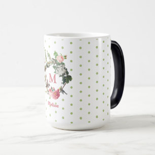 Monogramm-Blumen- und Vogelkranz mit Polka-Dots im Verwandlungstasse