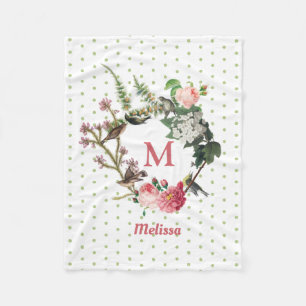 Monogramm-Blumen- und Vogelkranz mit Polka-Punkten Fleecedecke