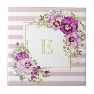 Monogramm Blumen Vintage Stiefmütterchen Lila Stre Fliese