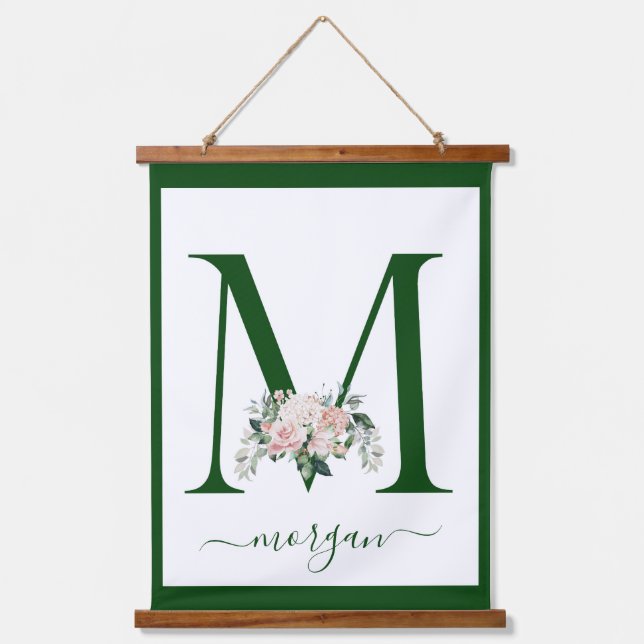 Monogramm Blumeninitiale M Wandteppich Mit Holzrahmen (Vorderseite)