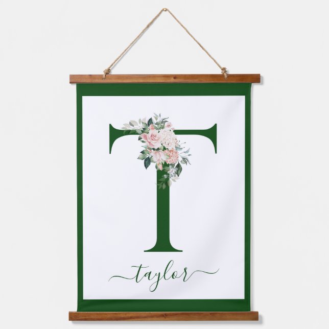 Monogramm Blumeninitiale T Wandteppich Mit Holzrahmen (Vorderseite)