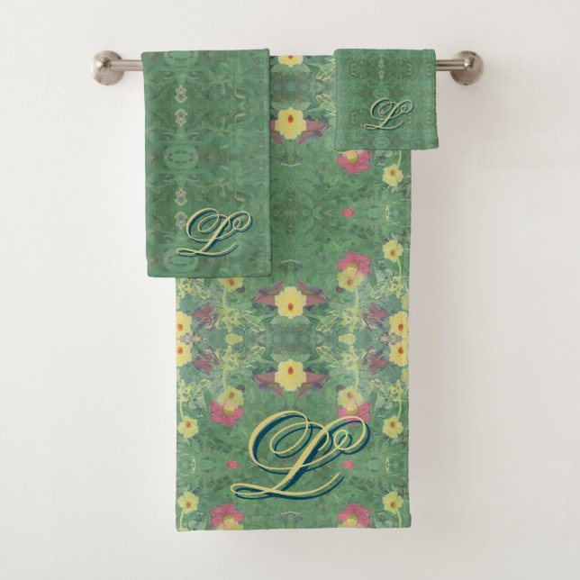 Monogramm-Blumenmuster-Grün-Badehandtuch-Set Badhandtuch Set (Insitu)