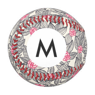 Monogramm-Blumenmuster mit Cartoon-Vögeln 2 Baseball