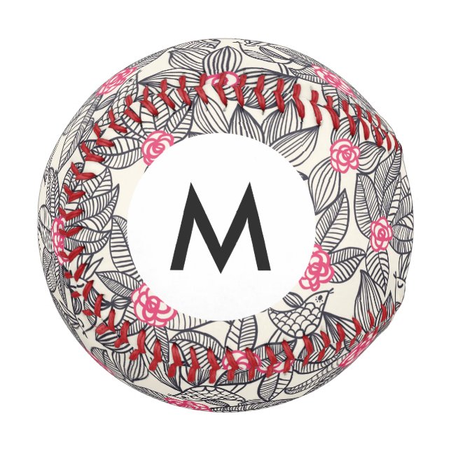 Monogramm-Blumenmuster mit Cartoon-Vögeln 2 Baseball (Vorderseite Links)