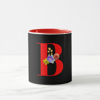 Monogramm Blumenmuster Rot Innen Schwarz Tasse