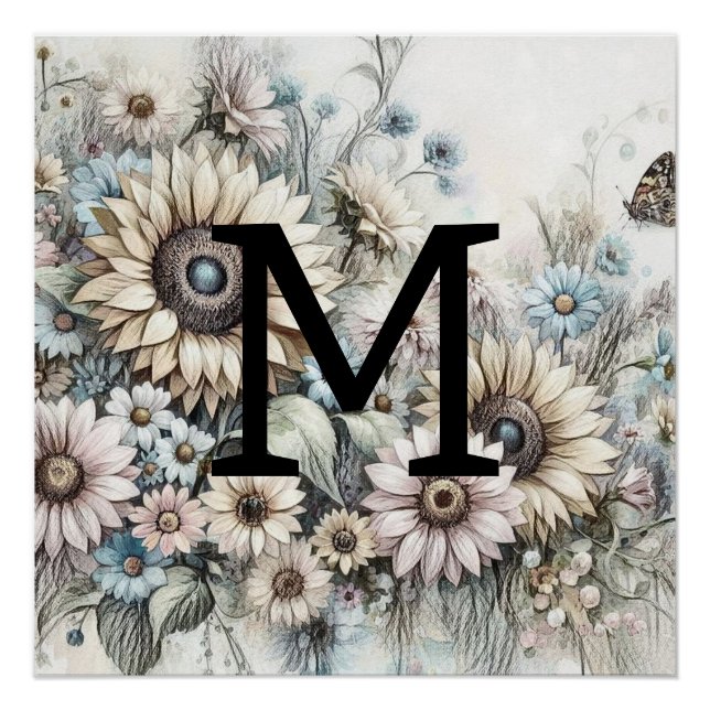 Monogramm blumenzeichnend rosa gelbe Sonnenblumen Poster (Vorderseite)