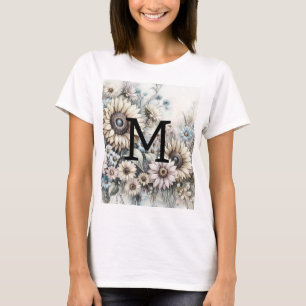 Monogramm blumenzeichnend rosa gelbe Sonnenblumen T-Shirt