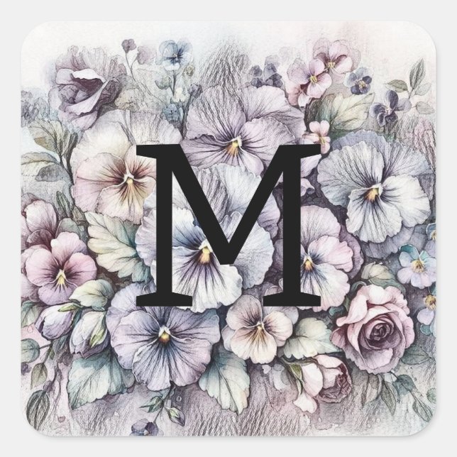 Monogramm blumenzeichnend rosa Stiefmütterchen Blu Quadratischer Aufkleber (Vorderseite)