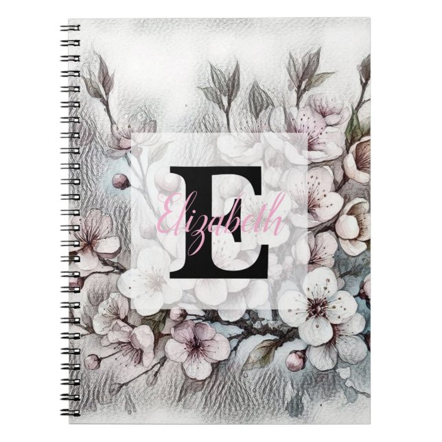 Monogramm-Blumenzeichnung rosa Kirschblüte  Notizblock (Vorderseite)
