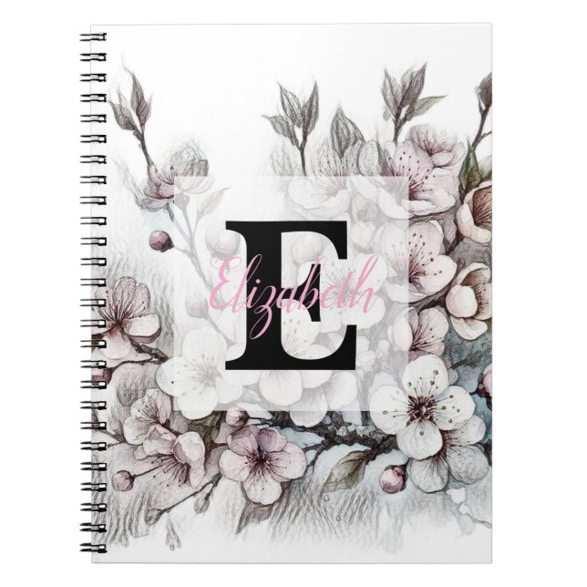 Monogramm-Blumenzeichnung rosa Kirschblüte  Notizblock (Vorderseite)