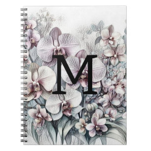 Monogramm-Blumenzeichnung rosa Orchideenblüten Notizblock