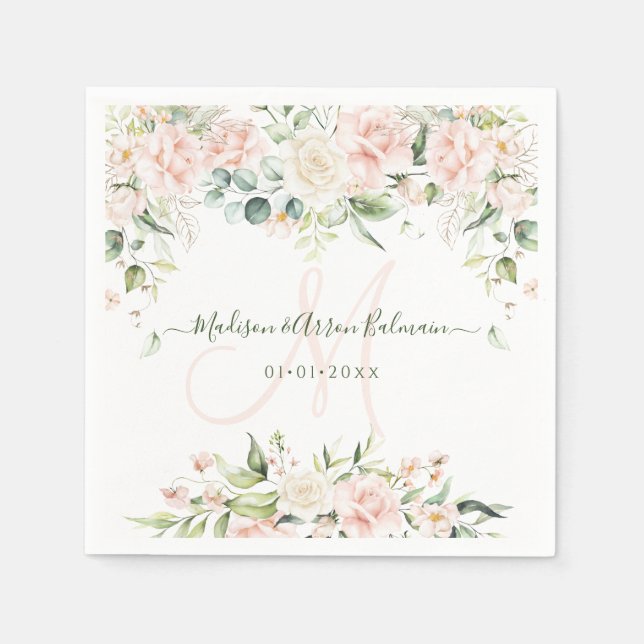 Monogramm Blush Creme Rose Eukalyptus Jedes Ereign Serviette (Vorderseite)