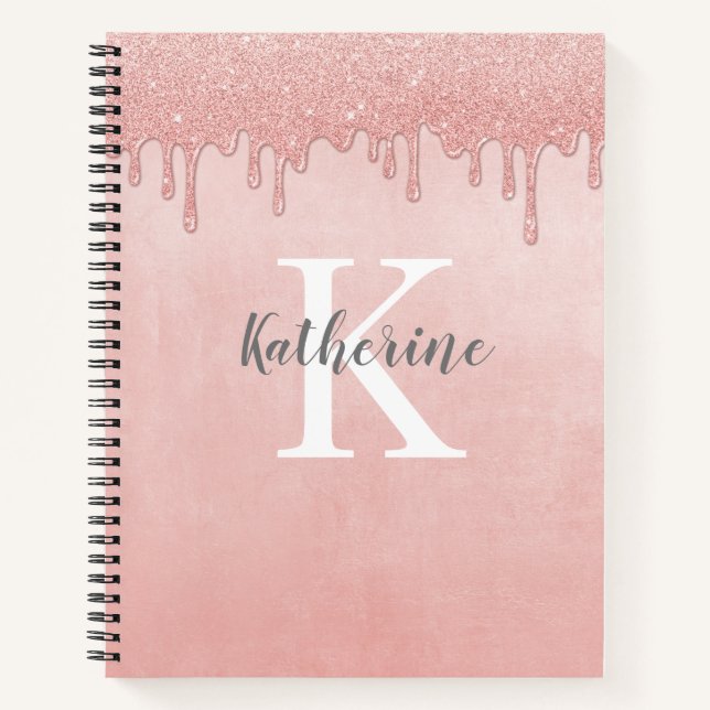 Monogramm Blush Pink Tropf Glitzer Notizbuch (Vorderseite)