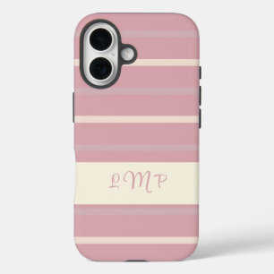 Monogramm Blush Pink und Cream Strip Muster iPhone 16 Hülle