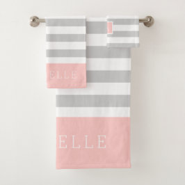 Monogramm Blush und graue Streifen | Editierbare F Badhandtuch Set