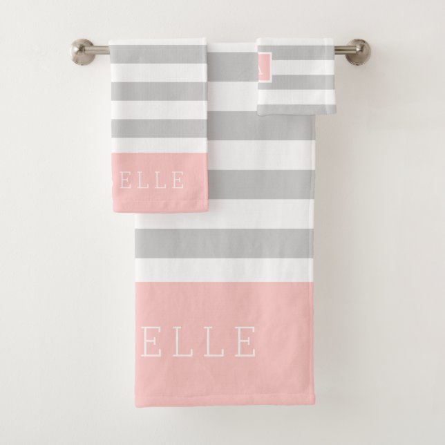 Monogramm Blush und graue Streifen | Editierbare F Badhandtuch Set (Insitu)