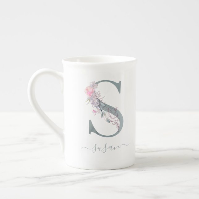 Monogramm Blütenrosa Farbiger Blumenbrief S Prozellantasse (Links)