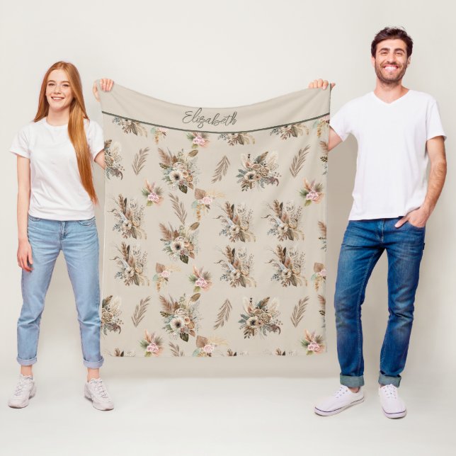 Monogramm Boho Beige Grün Rosa Blumen Botanisch  Fleecedecke (Beispiel)