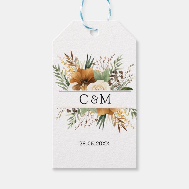Monogramm, Boho, elegante Blume Geschenkanhänger (Vorderseite)