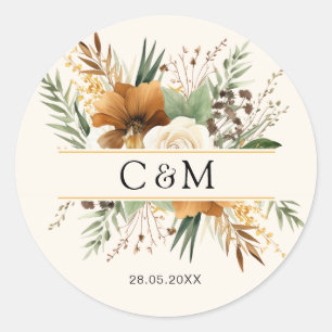 Monogramm, Boho, elegante Blume Runder Aufkleber