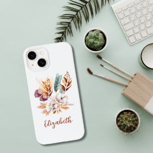 Monogramm Boho Floral Terrakotta Blau Lila iPhone 14 Hülle