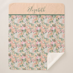 Monogramm Boho Rosa Pfirsich Weiße Blumige Trendig Sherpadecke