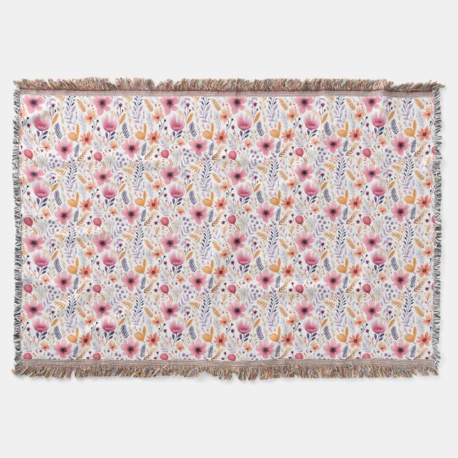Monogramm Boho Wildblume Rosa Orange Lila Floral Decke (Vorderseite)