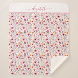 Monogramm Boho Wildblume Rosa Orange Lila Floral Sherpadecke