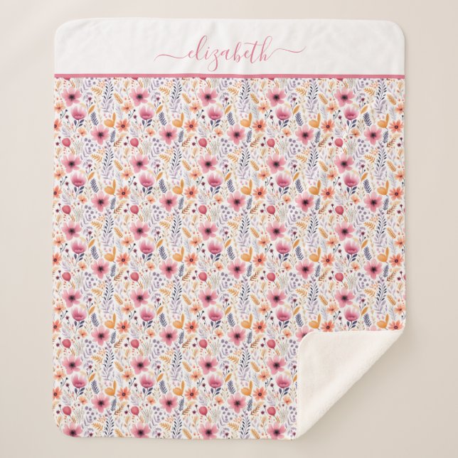 Monogramm Boho Wildblume Rosa Orange Lila Floral Sherpadecke (Vorderseite)