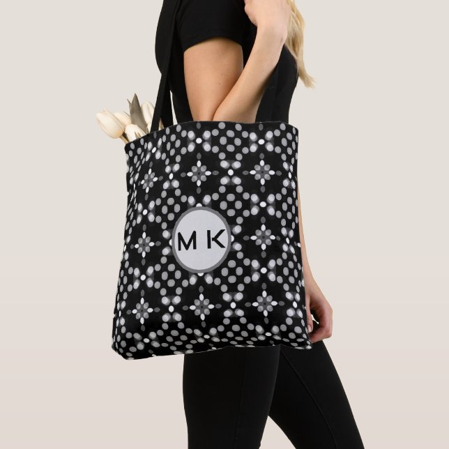 Monogramm Bokeh-Punktmuster schwarze Tote-Tasche (Von Nahem)