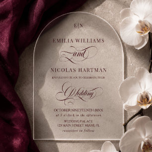 Monogramm Bordeaux Kalligrafie Hochzeit Acryleinladungen