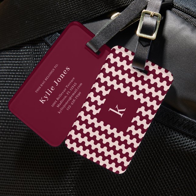 Monogramm Bordeaux-Rosa Fettes Wellenmuster Gepäckanhänger (Von Creator hochgeladen)