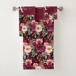 Monogramm-Bordeauxrot- und Rosa-Blumen-Elegantes H Badhandtuch Set