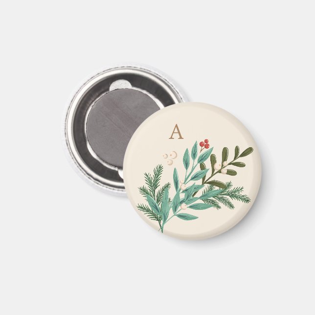 Monogramm Botanische Creme Klassisches Weihnachtsf Magnet (Vorderseite/Rückseite)