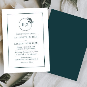 Monogramm Botanischer Kranz Smaragdgrüne Hochzeit Einladung