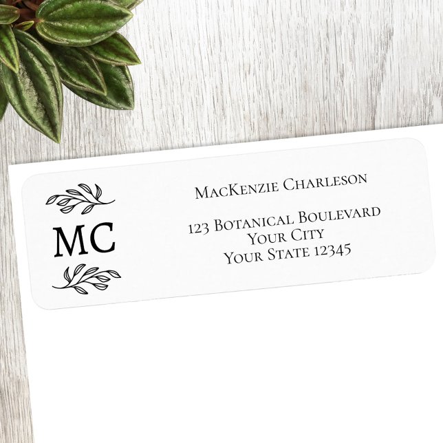 Monogramm Botanisches Blatt Linienkunst Rücksendea (Monogram initial classical botanical personalized return address postage labels)