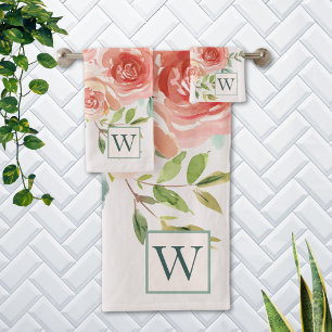 Monogramm Bouquet aus rosa Rosenblüten Badhandtuch Set